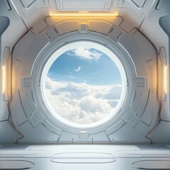 circular spaceship window showcasing sky view, white and beige colors with metallic details
