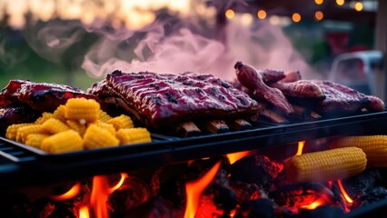 Barbecue with ribs and corn on the cob on fire