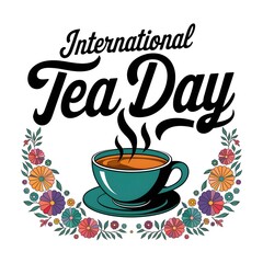Graceful international tea day greeting card with stylish calligraphy text and cup of tea vector with floral decoration