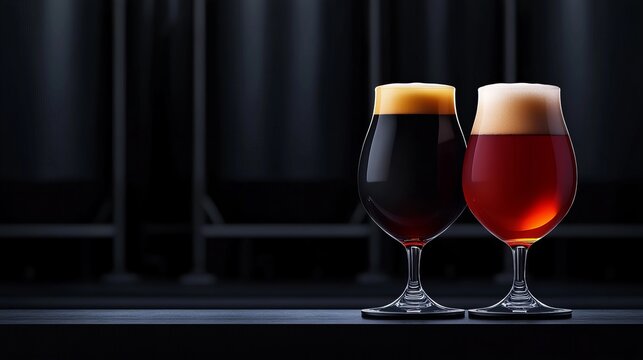 Two stemmed glasses filled with beer are placed on a dark surface with industrial tanks visible in the background, showcasing distinct colors and frot