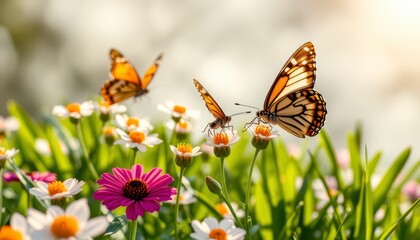 Two Butterflies Among Daisies In A Sunny Field Of Grass