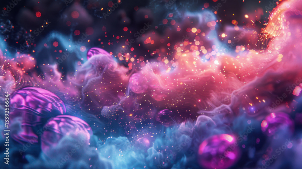 Poster vibrant abstract background with colorful swirls and glowing orbs, creating dreamy atmosphere