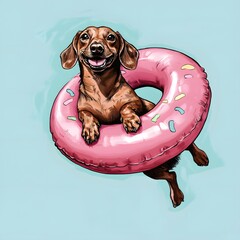 Happy Dachshund Dog on Pink Donut Pool Float, Light Blue Background