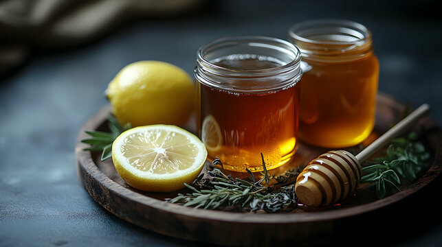 A beautifully arranged tray with herbal tea, a honey jar, and a lemon slice, promoting wellness