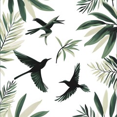 Dark Green Birds and Palm Fronds Seamless Pattern