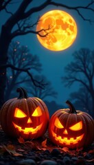 Carved pumpkins glow eerily under a full moon , scary, shadow, illustration