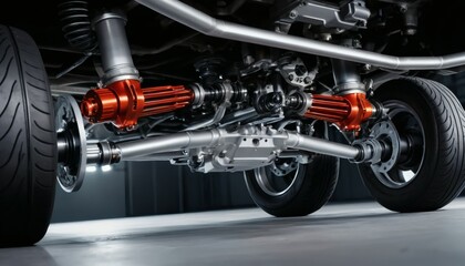 Close Up View of a Car's Suspension with Wheels and Tires Against a Gray Background