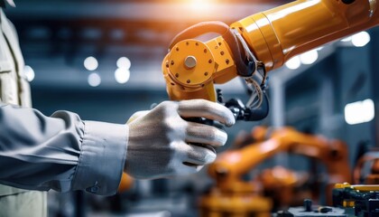 A robotic arm expertly handles machinery parts, highlighting automation in manufacturing.