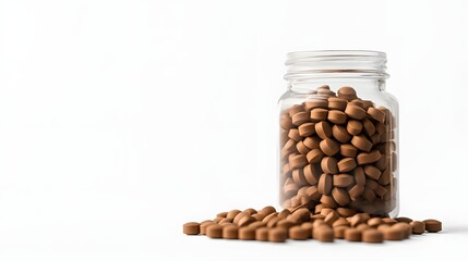 Brown Pills Spilled From a Clear Jar On White