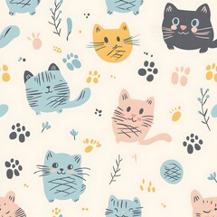 Charming Pastel Cat Seamless Pattern with Floral and Paw Prints