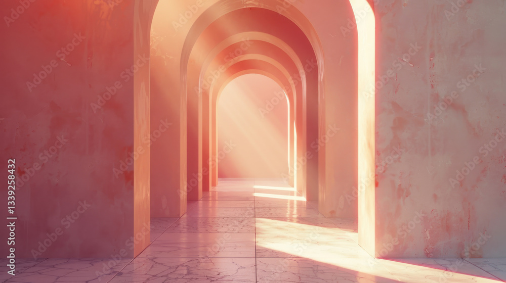 Poster serene corridor with archways, soft light illuminating space, creating tranquil atmosphere