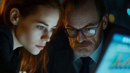 Collaborative team analyzing data, focused young woman and man reviewing information on a screen in a dimly lit environment.