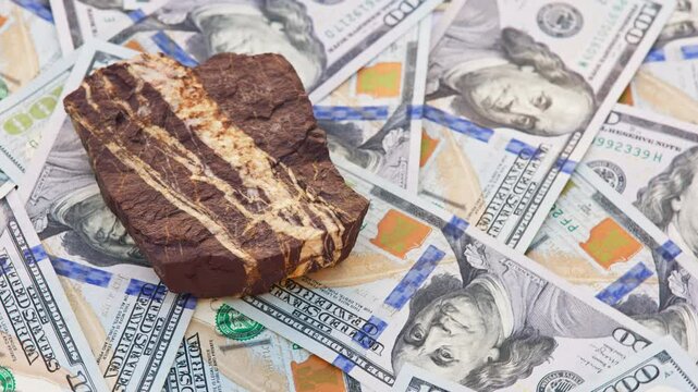 Tiger iron stone with banded brown and cream layers rests on US dollar bills, captured on a rotating table. Close-up view highlights natural texture and colors. Perfect for geology or finance themes.
