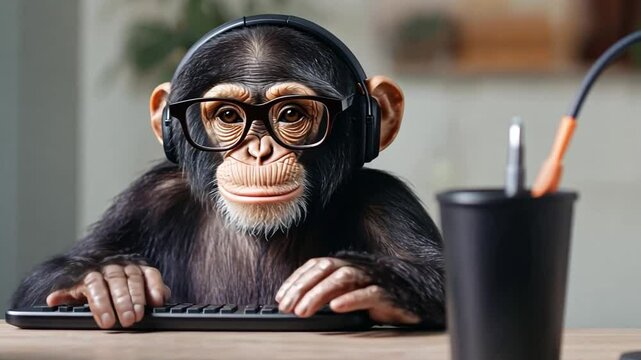 Cute monkey wearing glasses and headphones sitting at a desk typing on a keyboard in a modern workspace setting with a computer screen