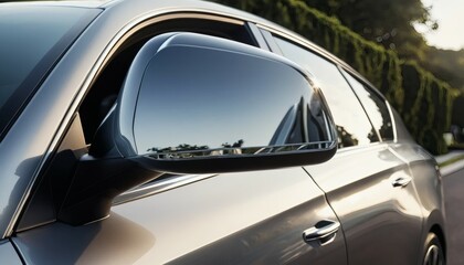 Close-up of a Shiny Car Side Mirror Reflecting Landscape and Sunlight