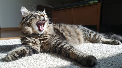 A fluffy cat stretching its paws and yawning widely on a soft carpet, basking in the warm sunlight of a cozy home.