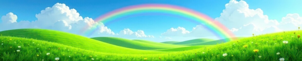 Vibrant green hills, clear blue sky, summer rainbow arc , tranquil, picture, beauty