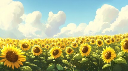 Fototapeta premium Sunny Sunflower Field, Summer Sky, Idyllic Landscape, Background, Illustration
