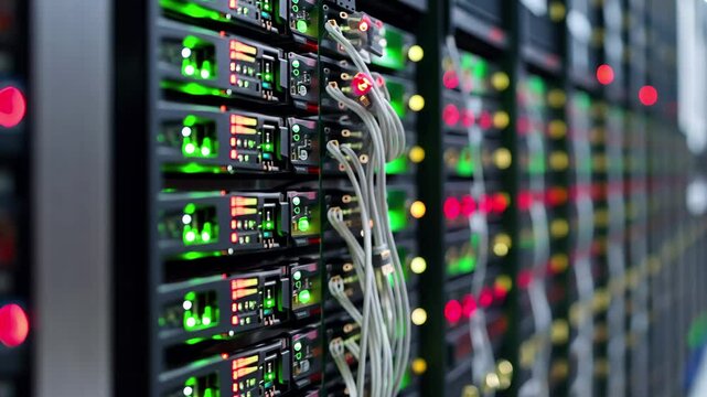 Modern digital data processing in a server room featuring advanced binary coding systems, binary coding and digital data processing over computer servers