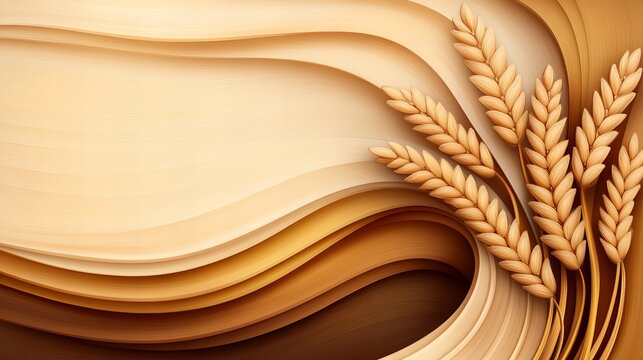 Wheat stalks are arranged against a layered background of varying brown tones creating an elegant and abstract composition that highlights natural agr