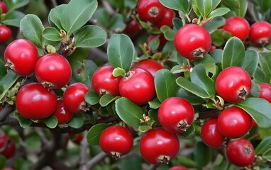 Obraz premium Vibrant Red Berries on Lush Green Bush Closeup