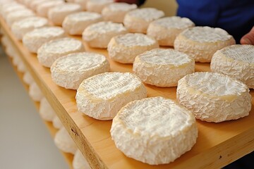 Rows of Creamy White Artisan Cheese on Wooden Shelf