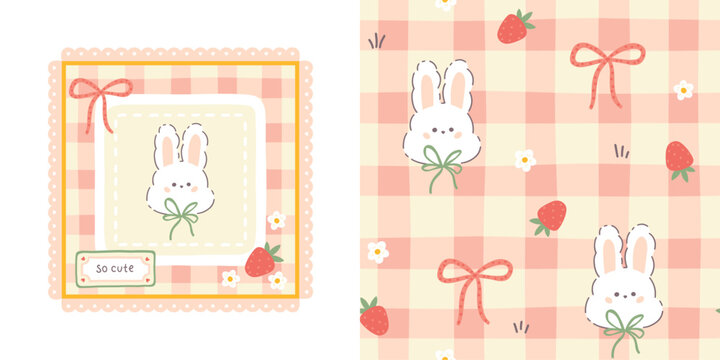 Gingham seamless vector pattern and print template with kawaii bunny rabbit and strawberries. Tartan check for tablecloths, napkins, clothes, packaging, for the Easter. Cute childish pastel palette.