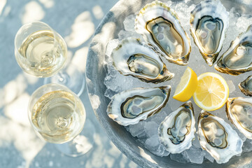 Fresh oysters served on ice with lemon and white wine