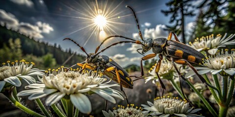Fototapeta premium Longhorn Beetle Pollen Gathering Colville National Forest Panoramic Photography