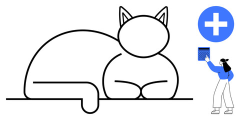 Outline of a resting cat, medical cross, and caregiver with chart. Ideal for pet healthcare, animal wellness, veterinary care, pet adoption, animal research, diagnostics flat simple metaphor