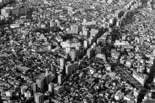 Fototapeta Black and white cityscape of Tokyo, highlighting the intricate arrangement of streets, structures, and transit lines weaving through the metropolitan landscape