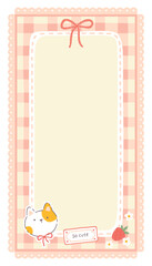 Gingham vector print template with kawaii cat and strawberries. Tartan check for diary pages, note paper, to do list, stickers. Cute childish background, pastel palette
