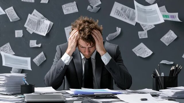 Frustrated businessman overwhelmed by paperwork and disorganization in modern office setting with flying documents and cluttered desk space