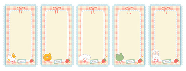 Gingham vector set collection of templates with kawaii animals and berries. Tartan check for diary pages, note paper, to do list, stickers. Cute childish background, pastel palette.