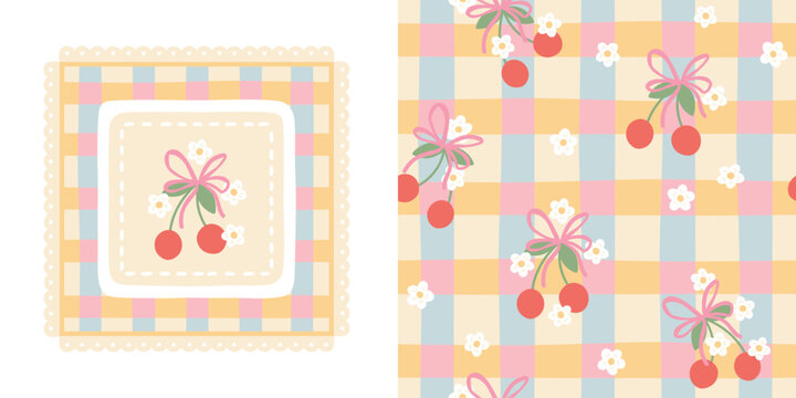 Fototapeta Gingham kawaii seamless pattern with cherry berries, flowers and flirty bow. Tartan check for tablecloths, napkins, clothes, packaging. Cozy cute childish hand drawn cartoon background pastel palette