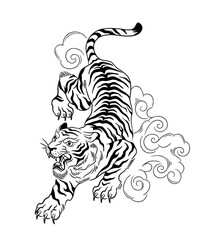 Black and white illustration of a fierce tiger in a dynamic pose, surrounded by swirling clouds. The detailed line work emphasizes the power and intensity of the animal. Vector illustration