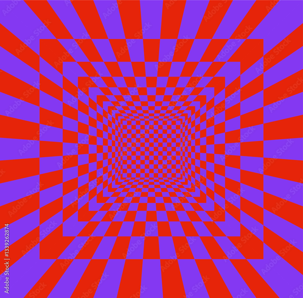 Poster abstract optical illusion with a checkered tunnel effect in red and purple. the pattern creates a se