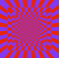 Abstract optical illusion with a checkered tunnel effect in red and purple. The pattern creates a sense of depth and movement. Concept of hypnotic and psychedelic visuals. Vector illustration
