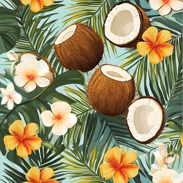 Vibrant Tropical Seamless Pattern with Coconuts and Hibiscus Flowers