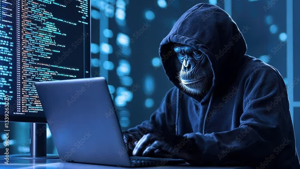 Poster mysterious figure in hoodie typing on laptop with code on screen, representing cyber security, hacki
