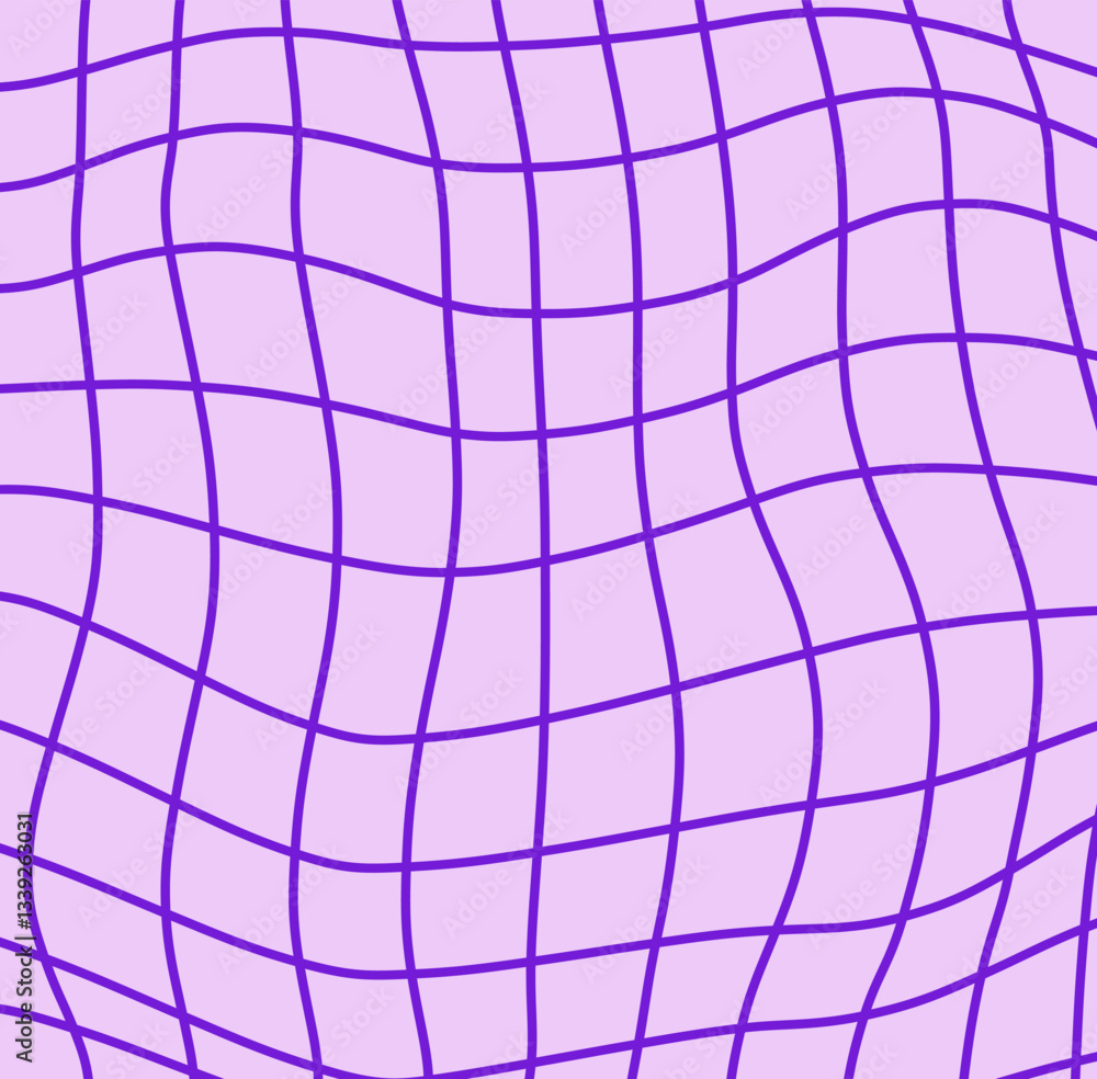 Poster abstract wavy grid pattern with purple lines on a light purple background. the distorted geometric d