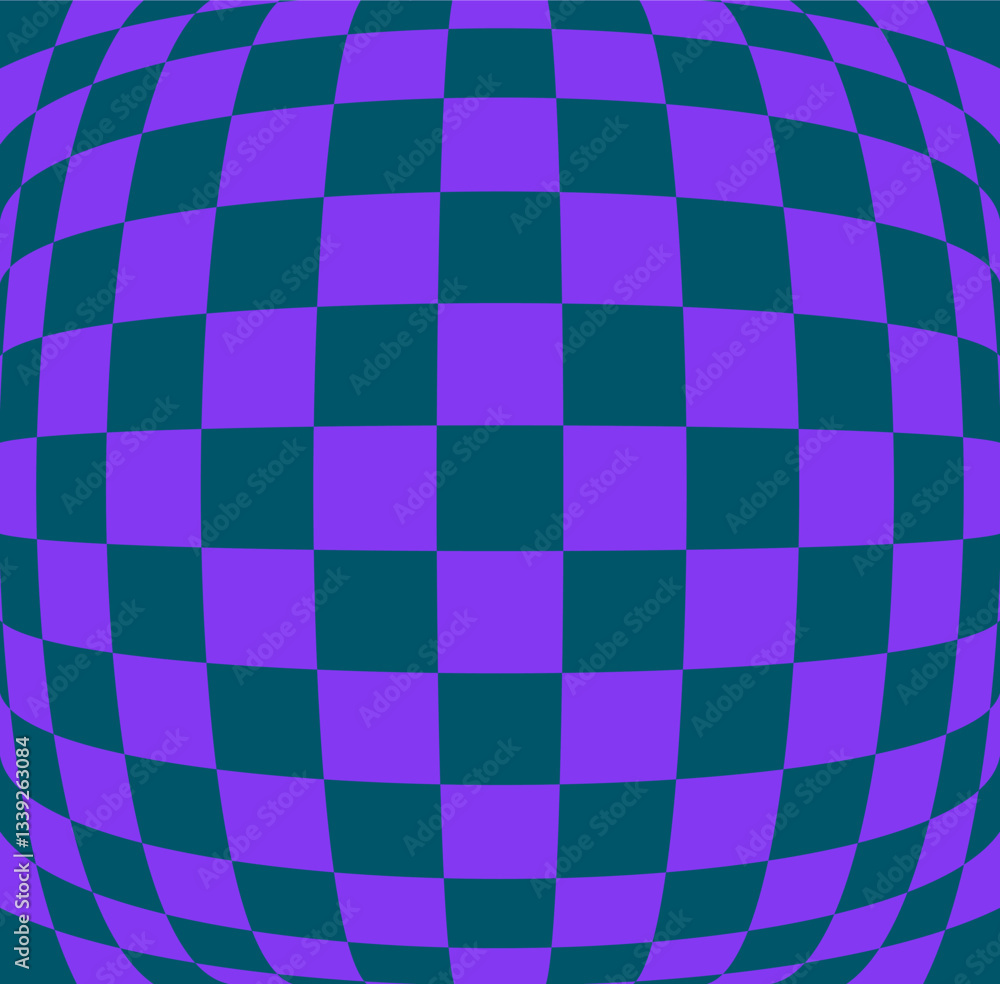 Poster abstract optical illusion with a curved checkered pattern in purple and dark green. the warped effec