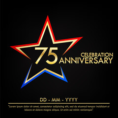 Obraz premium 75th years anniversary celebration emblem. elegance golden anniversary logo with red and blue star shape. vector illustration template design for web, leaflet, flyer, greeting card 