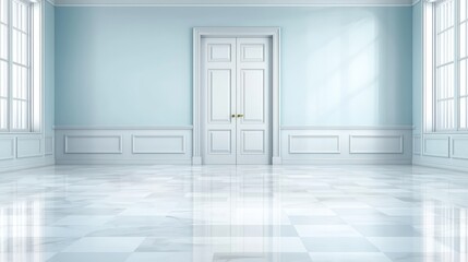 Empty white room with door and windows, a minimalist interior design for modern living spaces