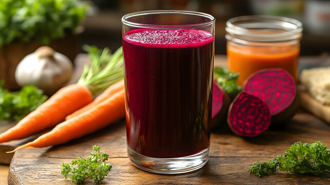 A glass of beetroot and carrot juice with fresh ingredients on a wooden surface, highlighting detox benefits - Powered by Adobe