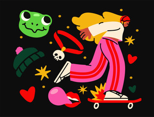 Dynamic illustration of a skater with blonde hair on red skateboard, surrounded by various urban and pop culture elements like frog face, skull, hearts, stars on black background. Vector illustration