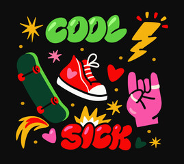 Vibrant graffiti-style skateboard illustration with a sneaker, hand gesture, lightning bolt, and text COOL and SICK on a black background. Urban streetwear concept. Vector illustration