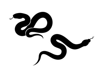 Two black silhouette snakes with curvy bodies and forked tongues on a white background. The design represents danger, mysticism, and wildlife symbolism. Vector illustration