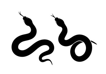 Two black snake silhouettes with curved bodies and forked tongues on a white background. The design is minimalistic and bold, symbolizing danger and mystery. Vector illustration