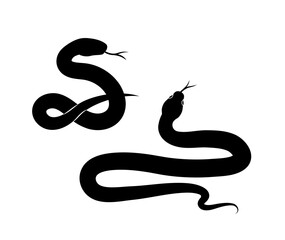 Two black snake silhouettes depicted in a minimalist style on a white background. One snake is coiled while the other is extended, both with forked tongues visible. Vector illustration